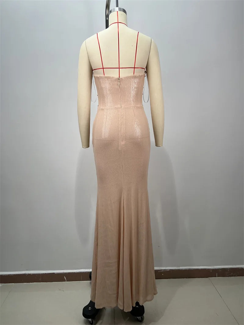 2025 New Shining Sequin Sexy Mesh See Through Strapless Ankle Length Dress Woman Evening Party Dress Celebrity Party Vestido