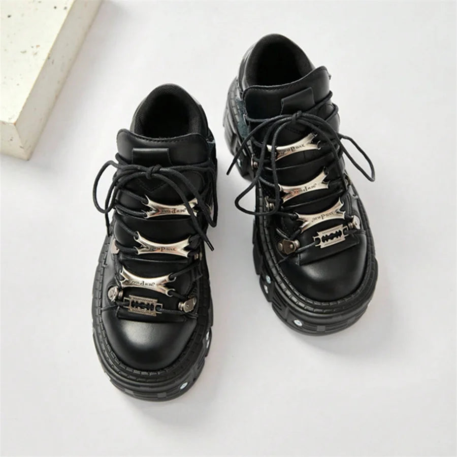 Punk Style Women Black Shoes Rock Metal Decor Lace-up Heel Height Platform Shoes Gothic Man Sneakers Women Ankle Boots 2025 New