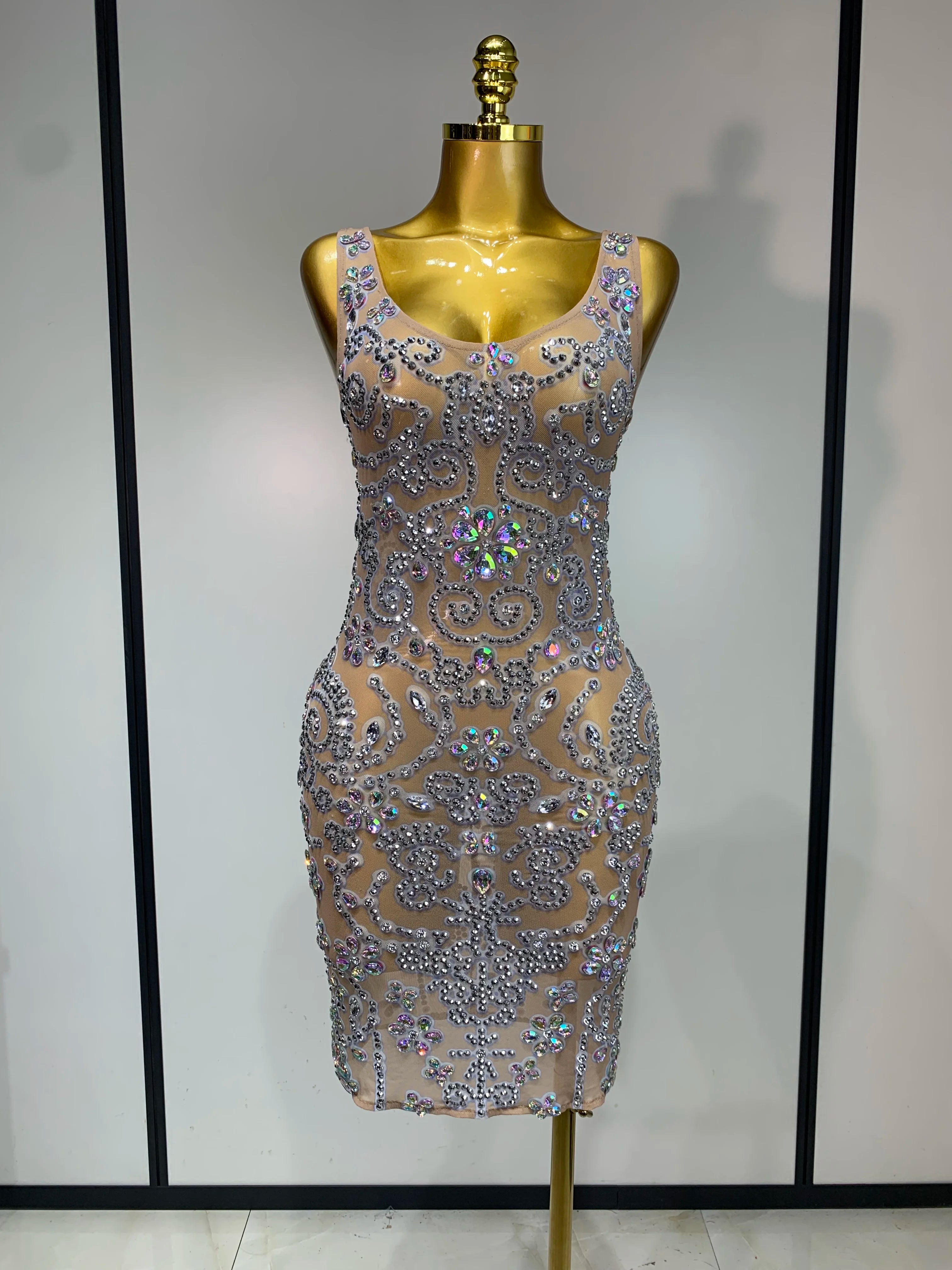 Celebrity Elegant Party Sparkly Rhinestones Transparent Mesh Short Dress Luxury Birthday Nightclub Outfit Perform Stage Costume Beige