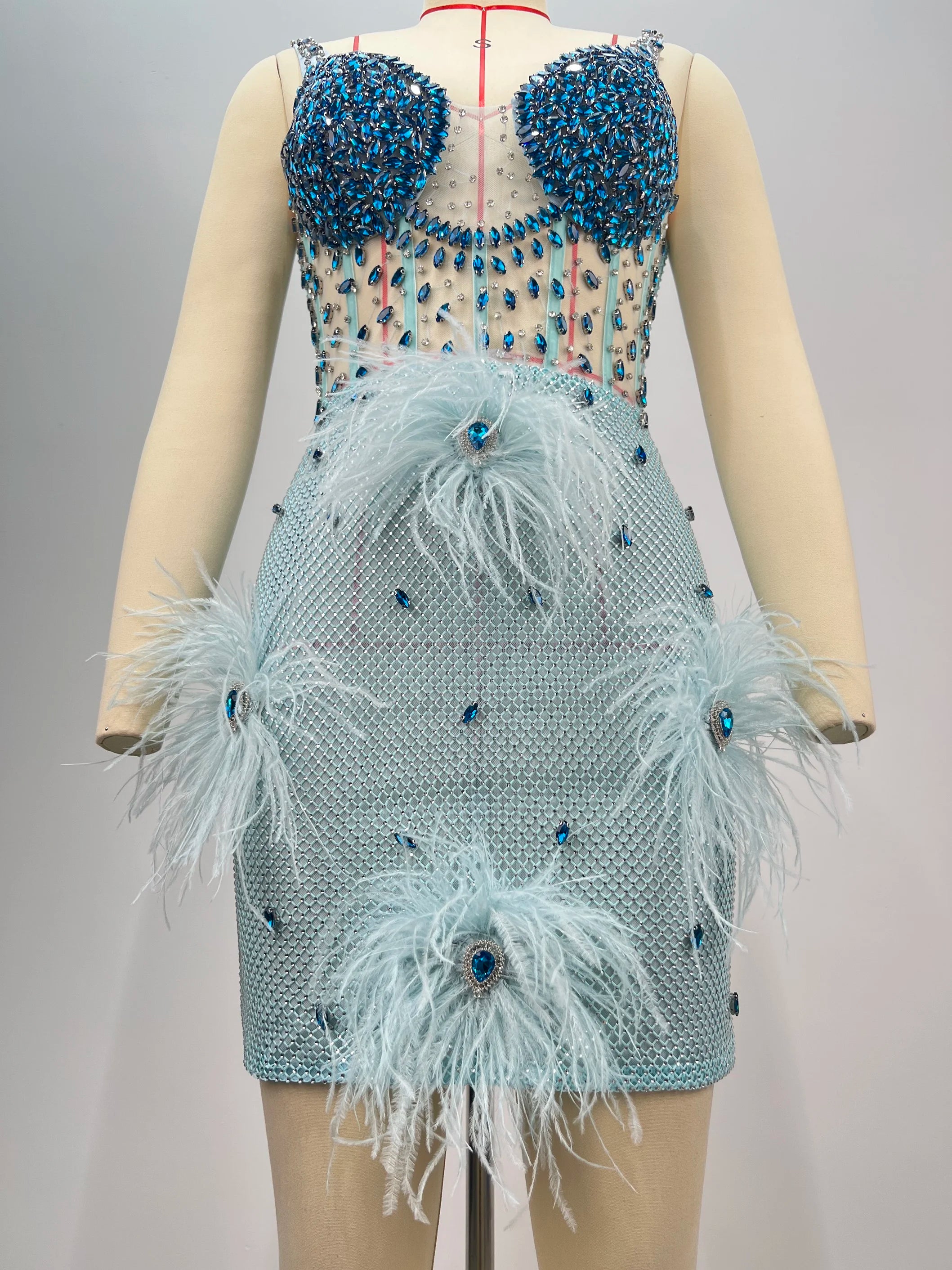 Luxury Feather Dazzling Diamonds Sexy Mesh See Through Light Blue Mini Dress Celebrity Birthday Party Dress Performance Costume