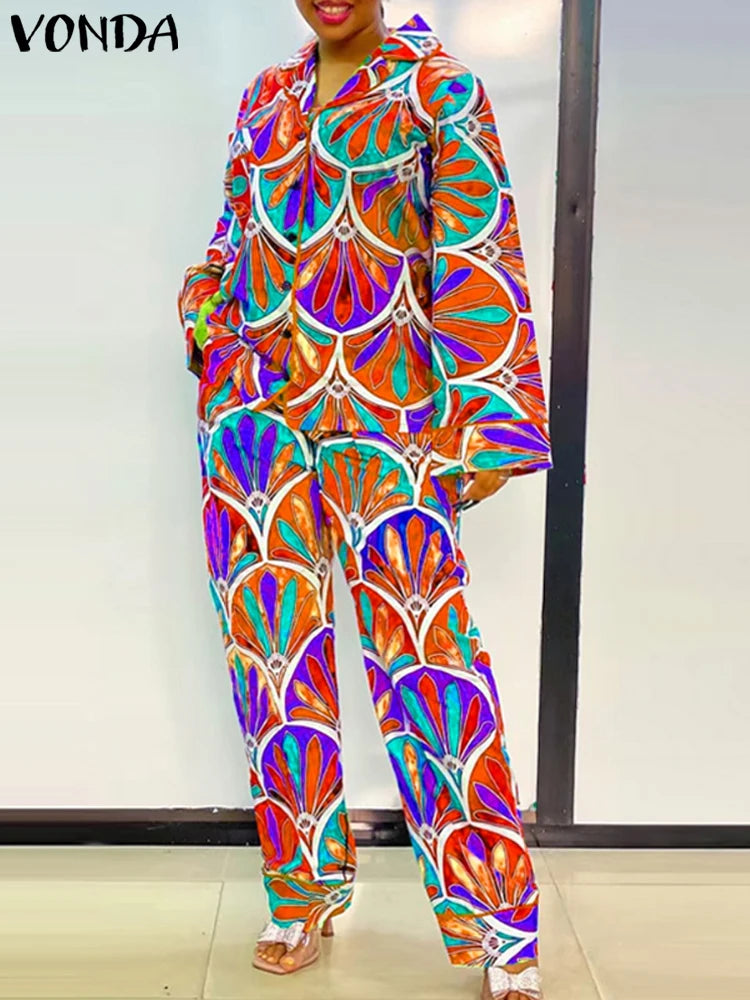 Plus Size 5XL VONDA Women Vintage Printing Long Sleeve Tops Wide Leg Pant Sets Outfits 2025 Casual Loose Bohemian 2 Piece Suits Orange