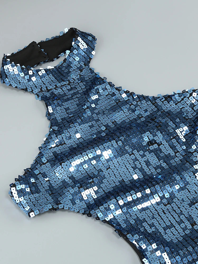 Blue Shiny Sequined Hatler Evening Dress Backless Cut Out Sleeveless Prom Bodycon Wedding Party Cocktail Evening Gown Vestido