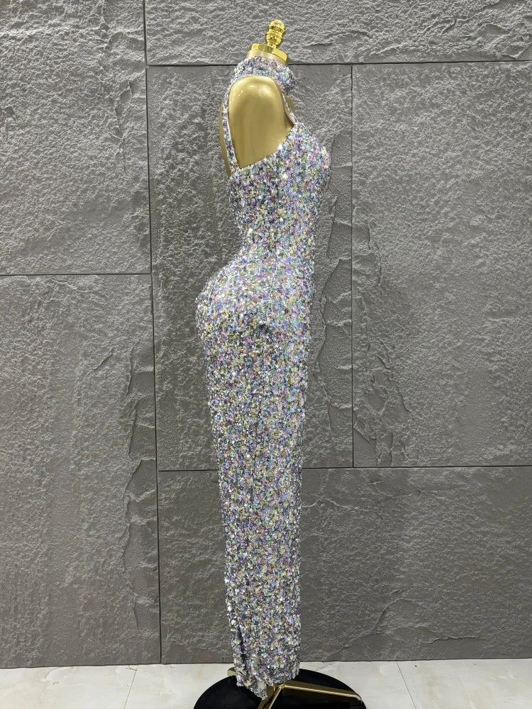 Colorful Sequins Women Sexy Strapless Bodycon Long Dress Necklace Celebrate Evening Party Nightclub Party Bar Singer Outfit