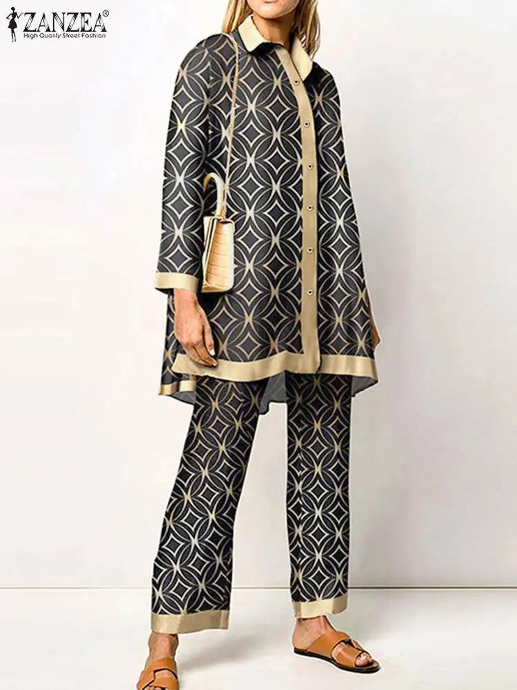 Fashion Retro Printed 2pcs Pant Sets ZANZEA Holiday Long Sleeve Lapel Shirts Outfits Elegant Women Long Trouser 2023 Tracksuit