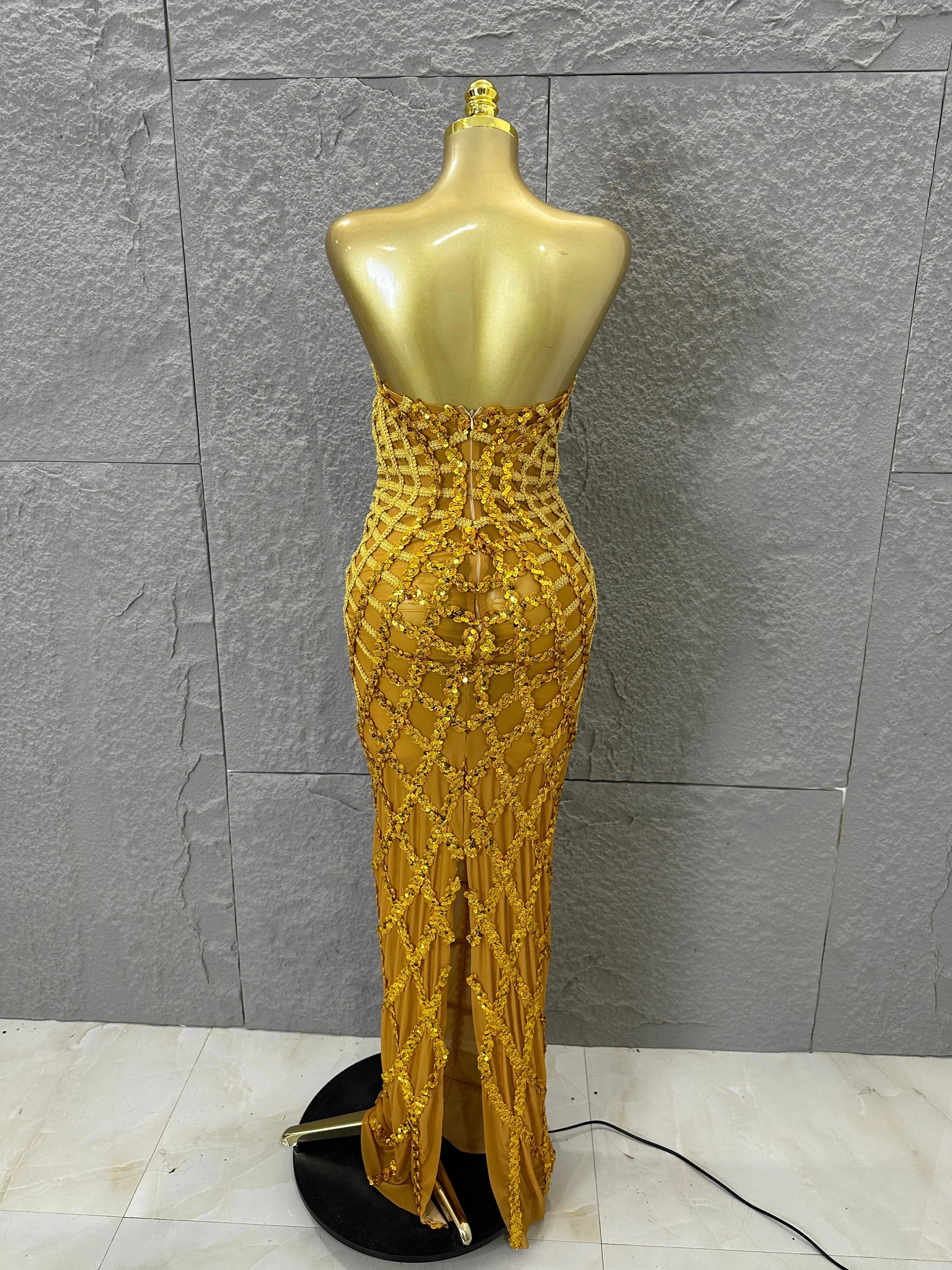Women Sexy Strapless 3D Grid Embellished Bodycon Mermaid Outfit Stage Performance CostumeElegant Sequined Sheer Mesh Maxi Dress