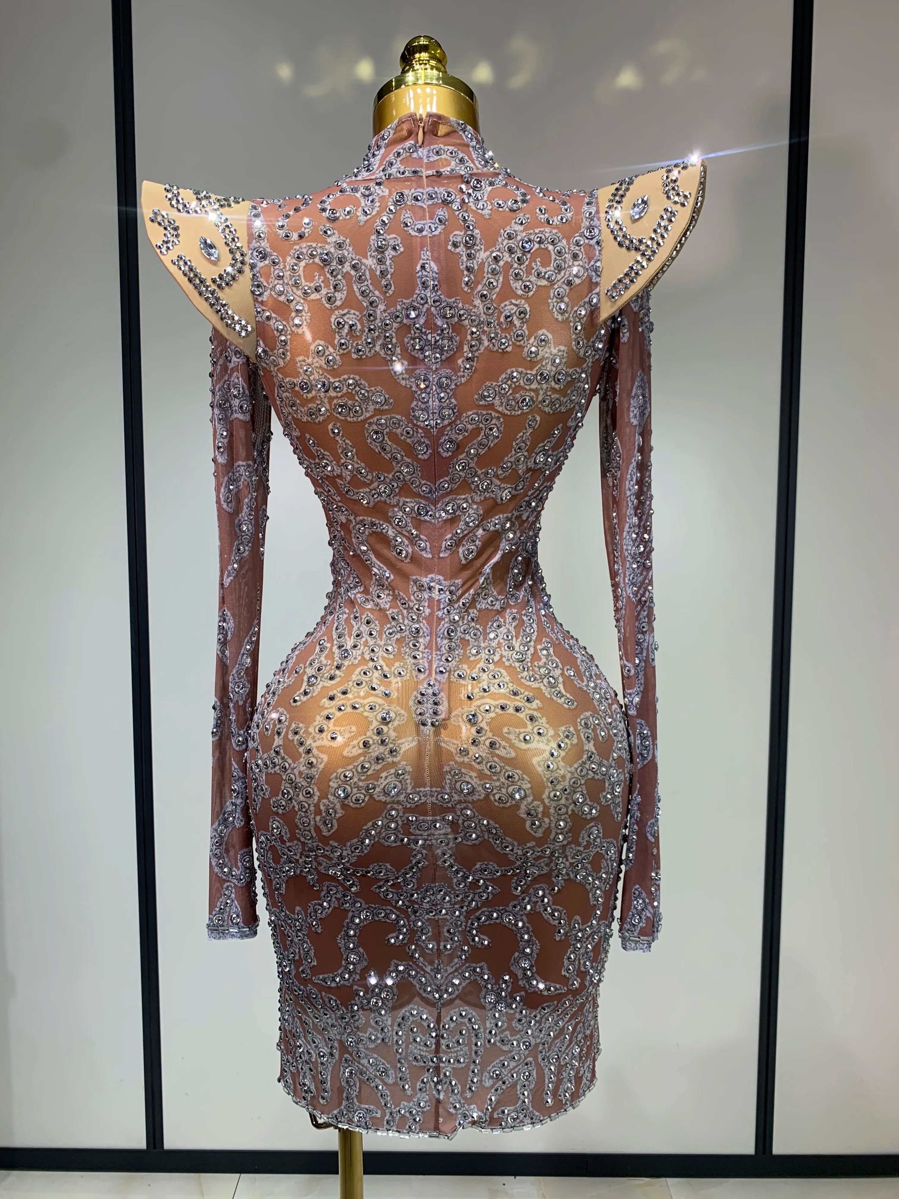 Women Shiny Rhinestones Mesh Transparent Mini Dress Luxury Birthday Celebrate Photoshoot Dress Singer Stage Drag Queen Costume