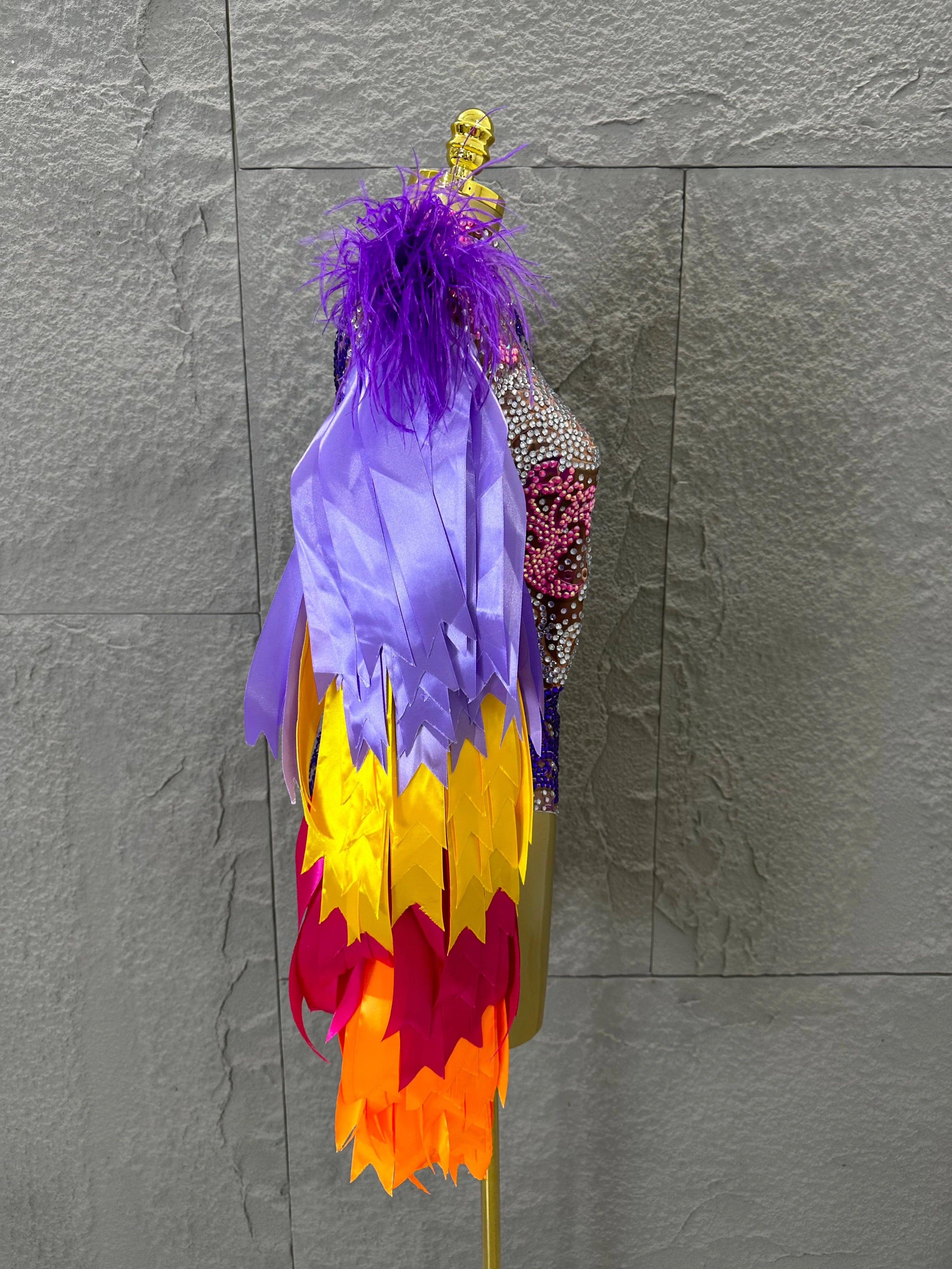 Sexy 2026 High Neck Sheer Mesh Bodysuit Women Purple Pink Crystal Fringe Long Sleeve Outfit Luxury Drag Queen Costume