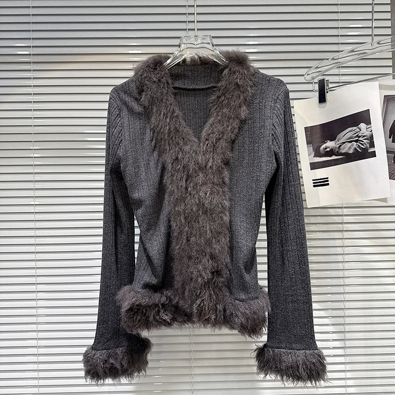 Winter New Fashion V-Neck Fur Collar Patchwork Long Sleeve T-Shirt For Women Versatile Knitted Cardigan 11A07844 Dark Gray