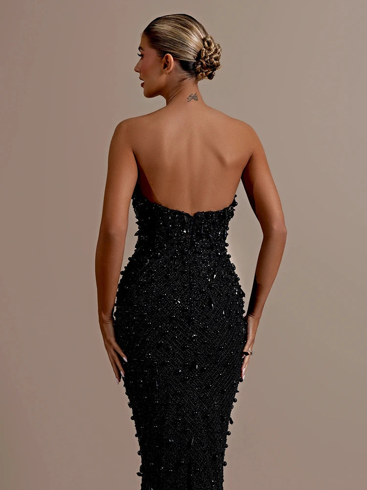 Stunning Strapless Sleeveless Black Crystal Sequin Dress Luxury Party Evening Gown