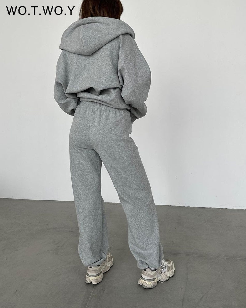 WOTWOY Causal Fleece Hooded Sweatshirts and Pants 2 Piece Sets Womens Outfits Autumn Winter Sweatpants Female Grey Pullovers