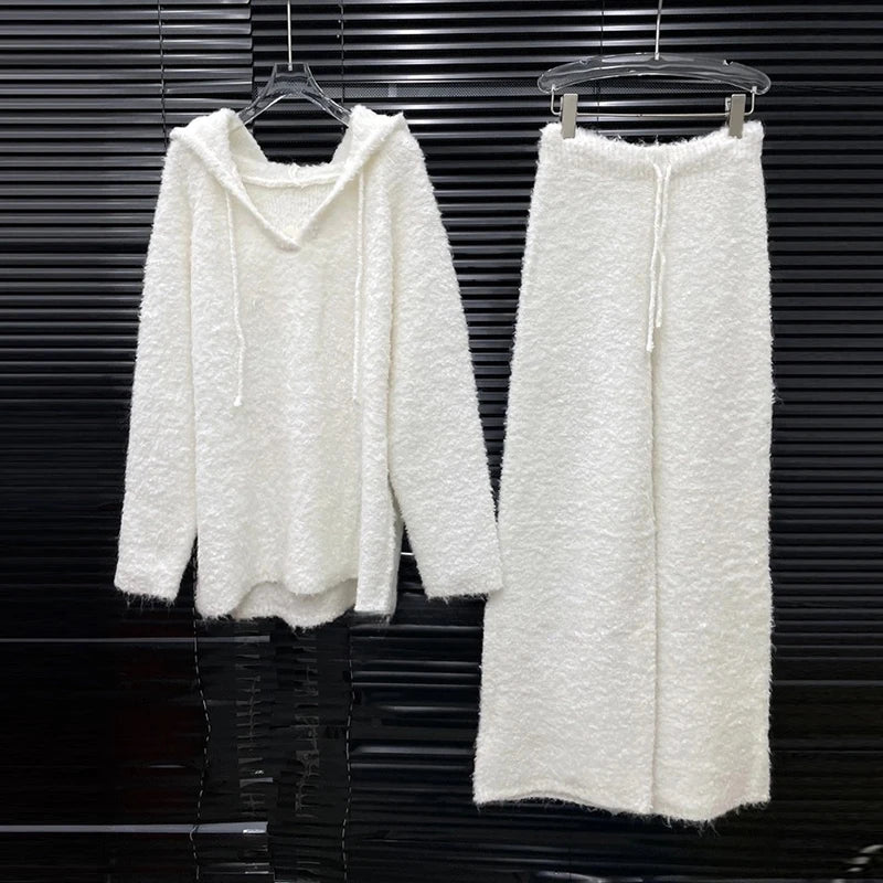 Autumn Winter New Niche Design Lazy Style Fashion Loose Soft Hooded Sweater For Women Elastic Waist Pants 11A07783