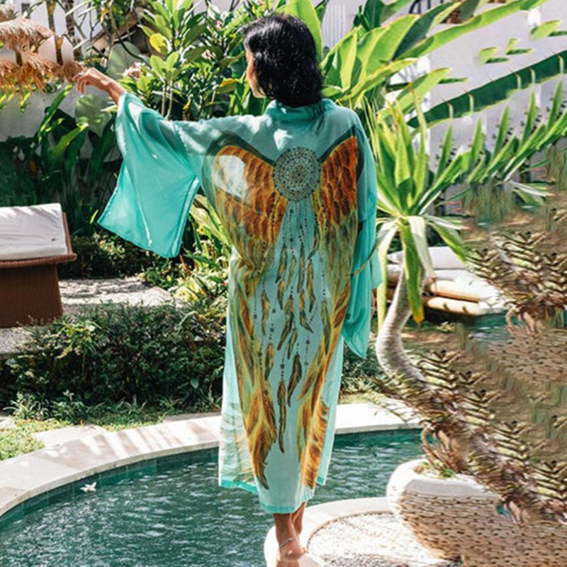 Wings Cover-ups Beach Long Boho Kaftan Dress Kimono Mujer Pareos De Playa 1773 One Size