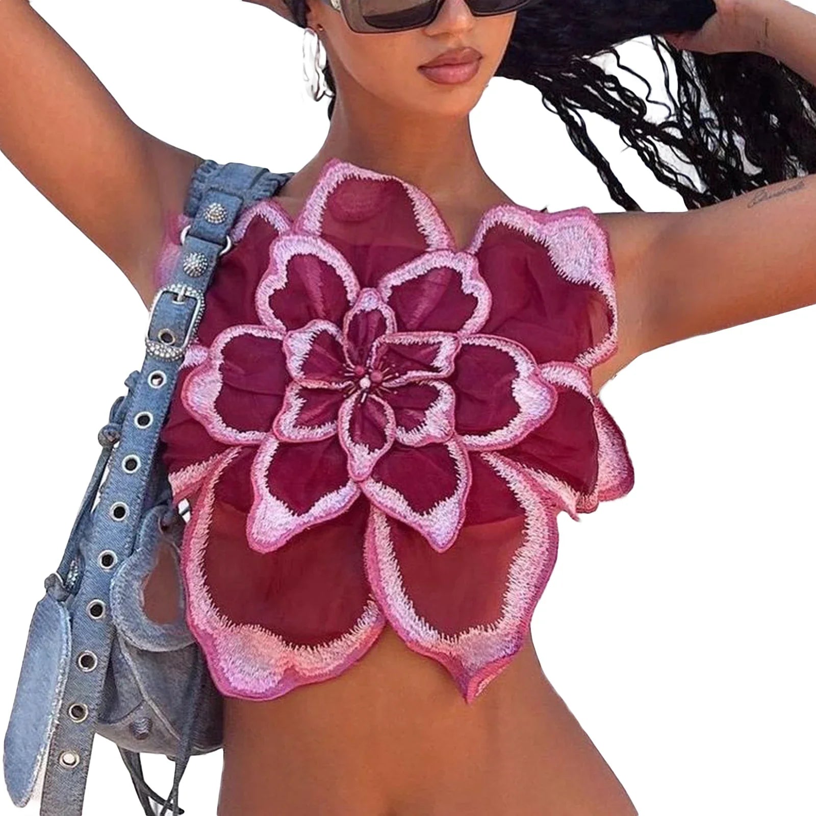 Women 3D Flower Cami Top y2k Sleeveless Backless Spaghetti Strap Crop Top for Going Out Party Streetwear Wine Red