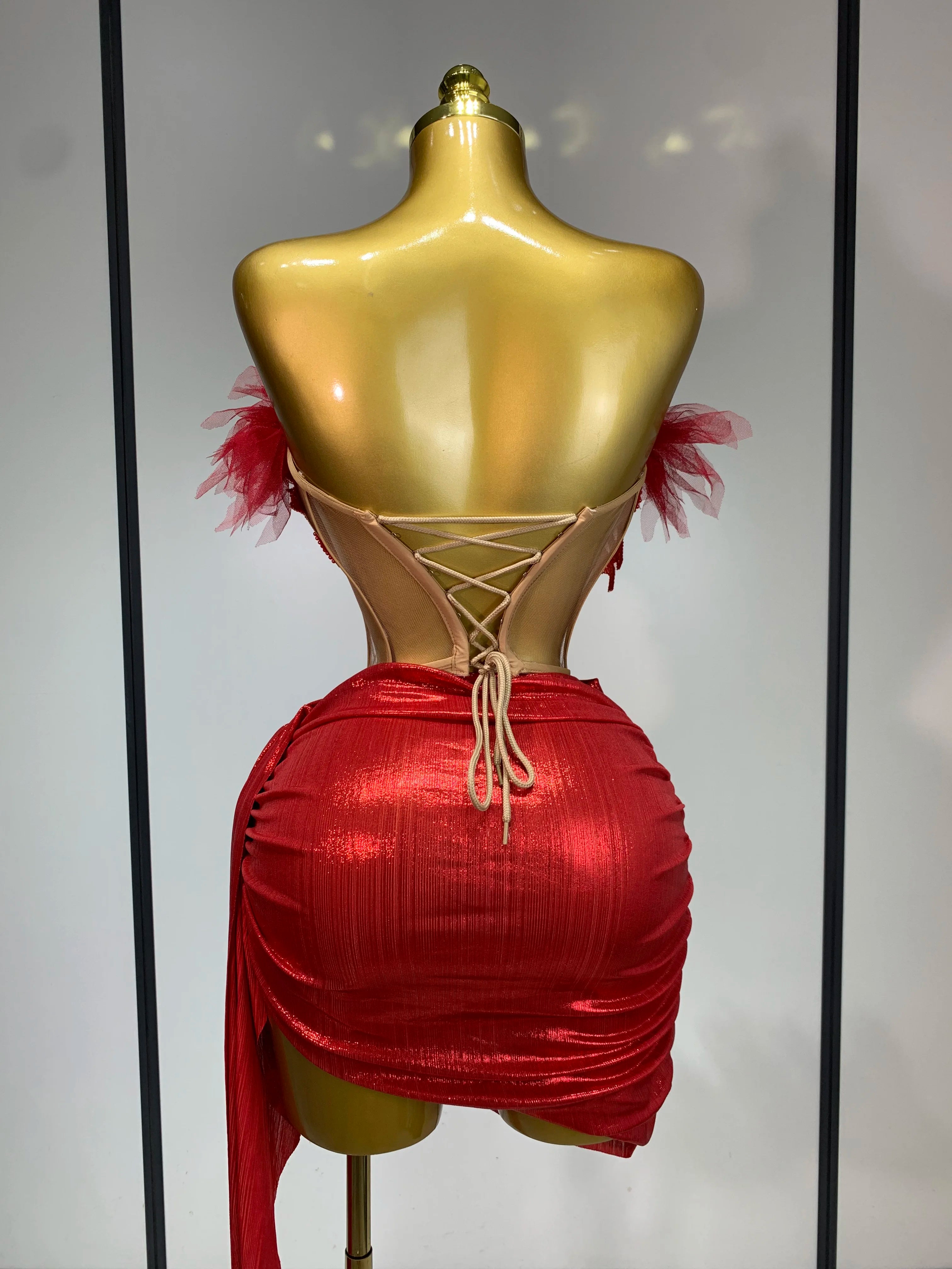 Women Sexy Two Pieces Set Beading Bodycon Mini Dress Nightclub Evening Party Celebrate Birthday Bar Singer Performance Costume