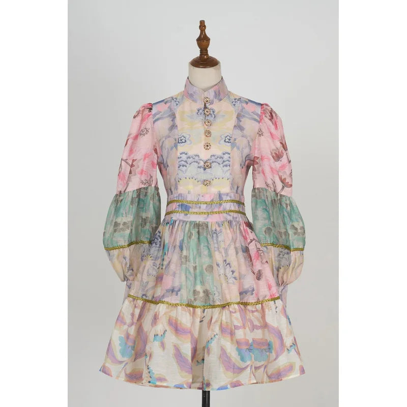 Fall Real Shot Spot Customized New Product Vintage Court Style Small Stand Collar Bubble Sleeve Waist-Tight Dress