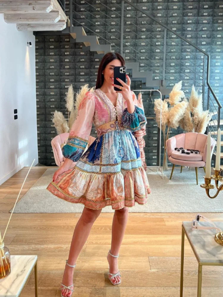 Retro Stripe Print Patchwork Maxi Dresses Women Loose V Neck Long Lantern Sleeve Long Dress Spring Chic Female Beach Casual Robe ORANGE RED