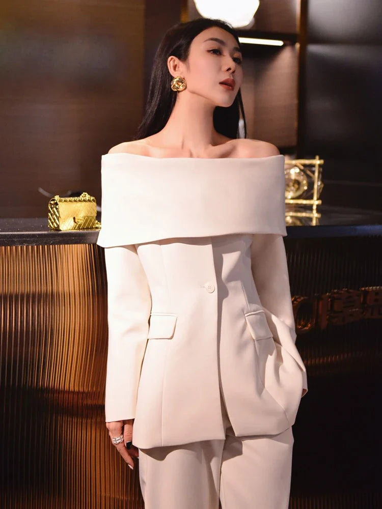 Slash Neck Chic Blazers For Women Off Shoulder Long Sleeve Patchwork Single Button Solid Coat Female Clothes 2022