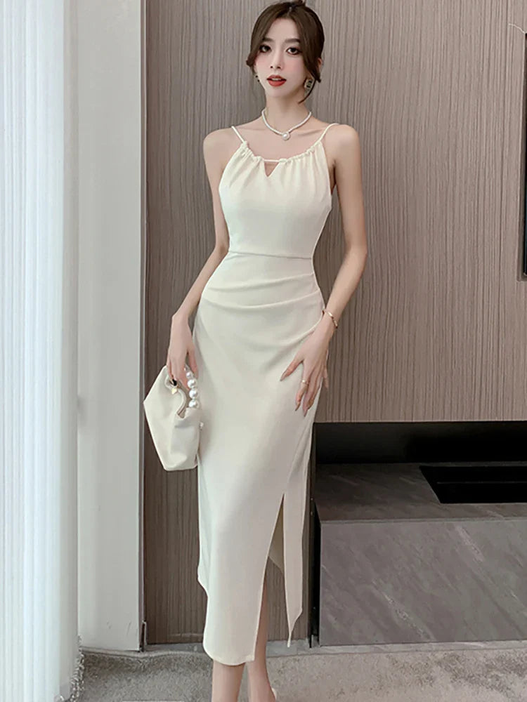 White Hollow Out Sexy Sling Long Dress for Women Korean Luxury Elegant Party Evening Dress Summer Fashion Bodycon Prom Robe