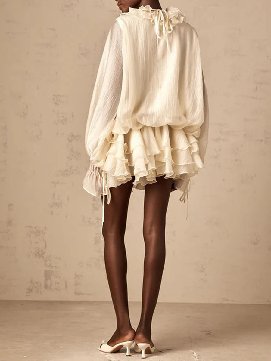 Solid Loose Spliced 3D Flowers Dresses for Women V Neck Long Sleeves Patchwork Ruffles Fold Dress Female Clothing