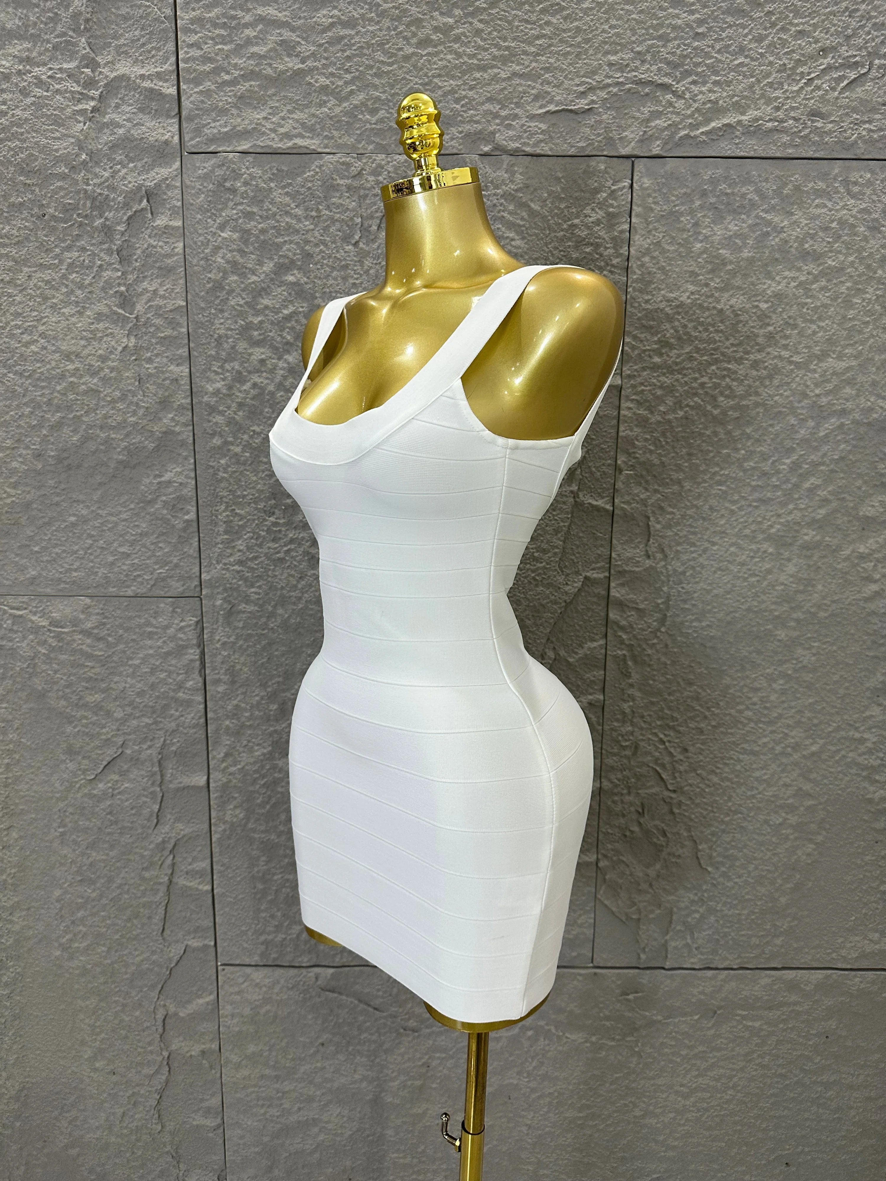 Elegant White Bandage Mini Dress Women Sexy Scoop Neck Sleeveless Bodycon Evening Party Cocktail Party Costume
