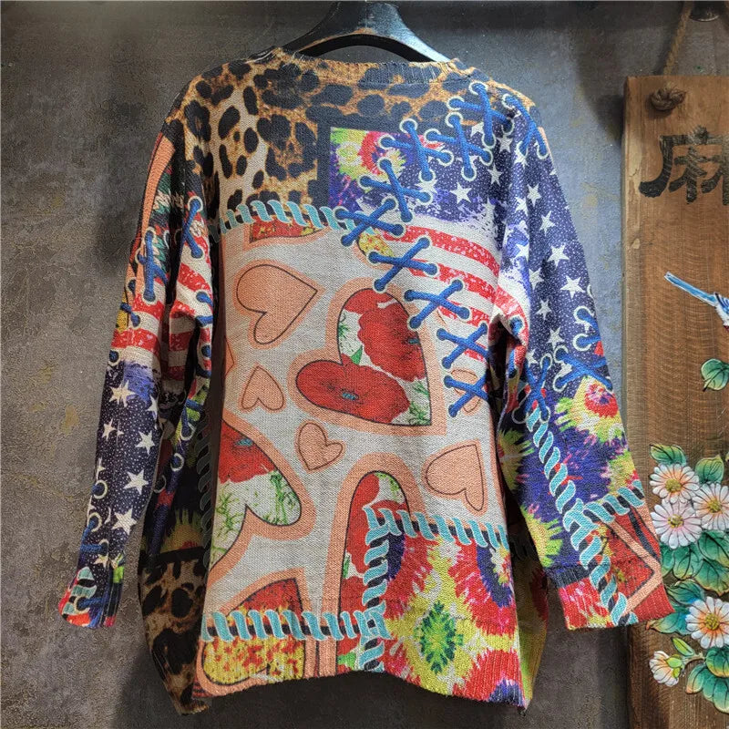 Autumn Winter New Printed Contrast Color Loose Round Neck Knitted Sweater For Women Versatile Pullover Trendy 11A07723