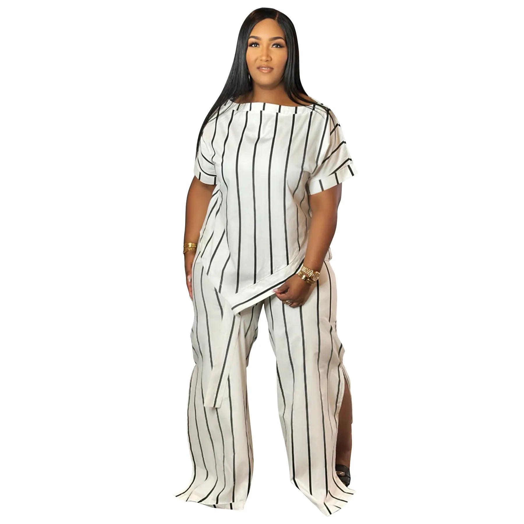 2 Piece Women Sets 2025 Plus Size Summer Autumn Matching Sets Print Two Pieces Sets Top Pants Suits Outfits Clothing WHITE