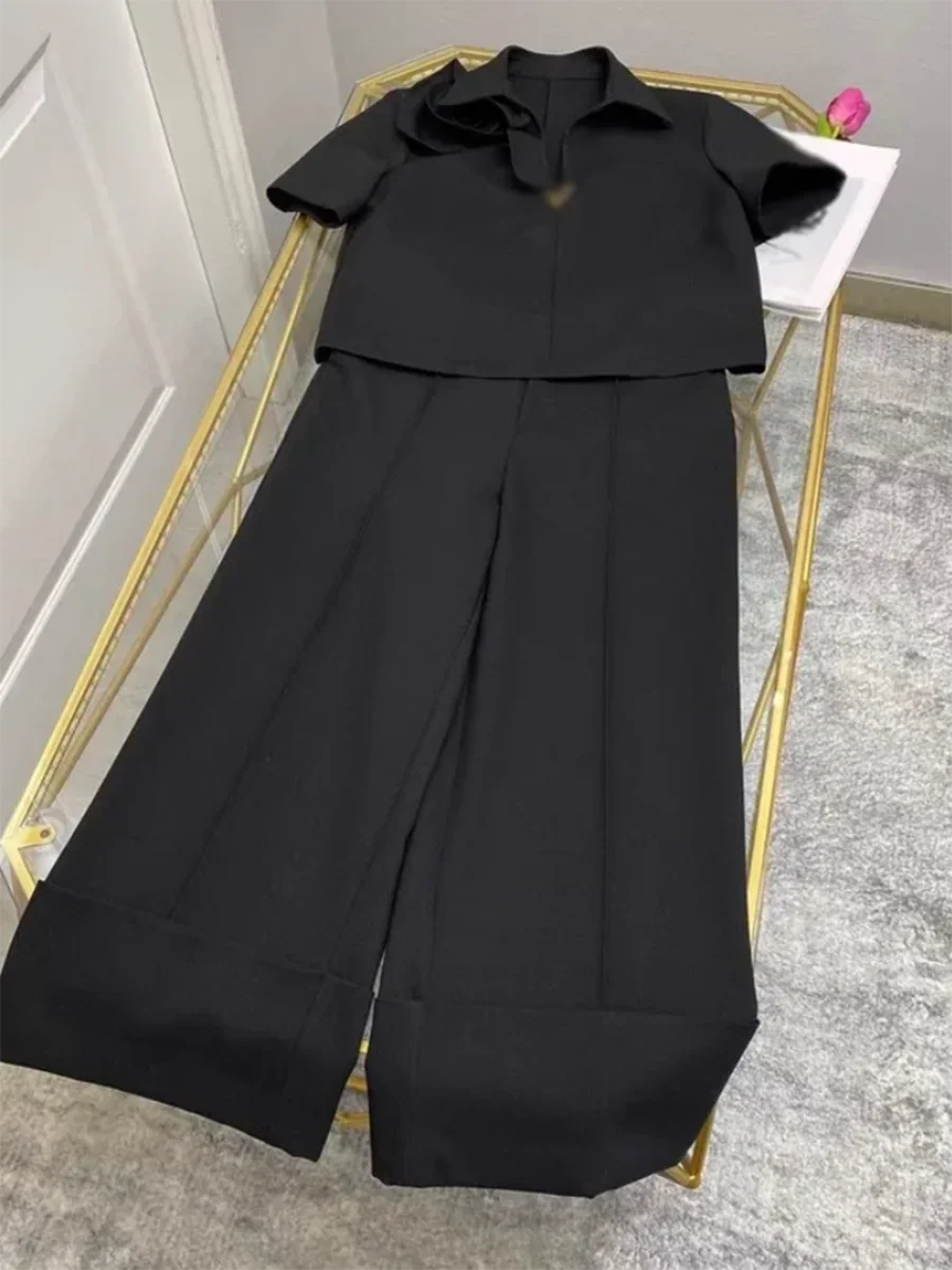 Solid Elegant Two Piece Sets for Women Lapel Short Sleeve Spliced 3D Flower Top High Waist Wide Leg Pant Set Female BLACK