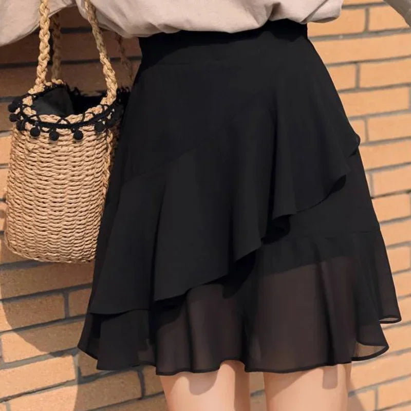 Womens Skirt Ruffle Skirts for Women Black Beach Clothing Chiffon Fashion Premium Luxury A Line Summer New in Korean Style