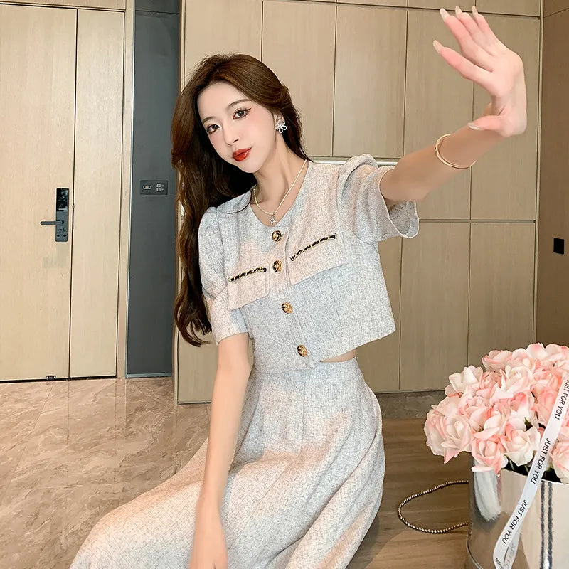 小さな香りの新しい夏のファッション韓国の甘いエレガントな 2 点セット女性コートトップ + ミディスカートスーツレディース 2 ピースセット