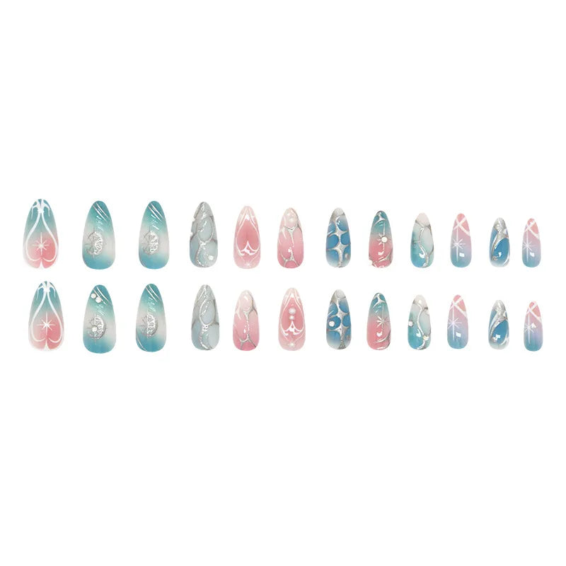 24pcs Ins Almond Press on Nails Gothic Sliver Metal Line y2k Fake Nails Detachable Wearable Sweet Cool Spicy Girl False Nails