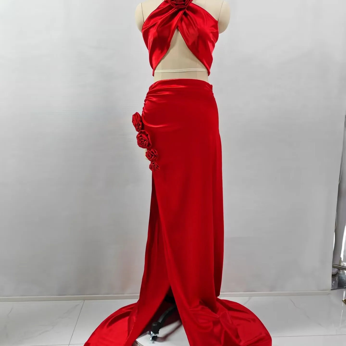 Red Black Christmas Style Women Sexy Florals 2 Pieces High Split Floor-length Dress Nightclub Party Cocktail Celebrate Wear Red