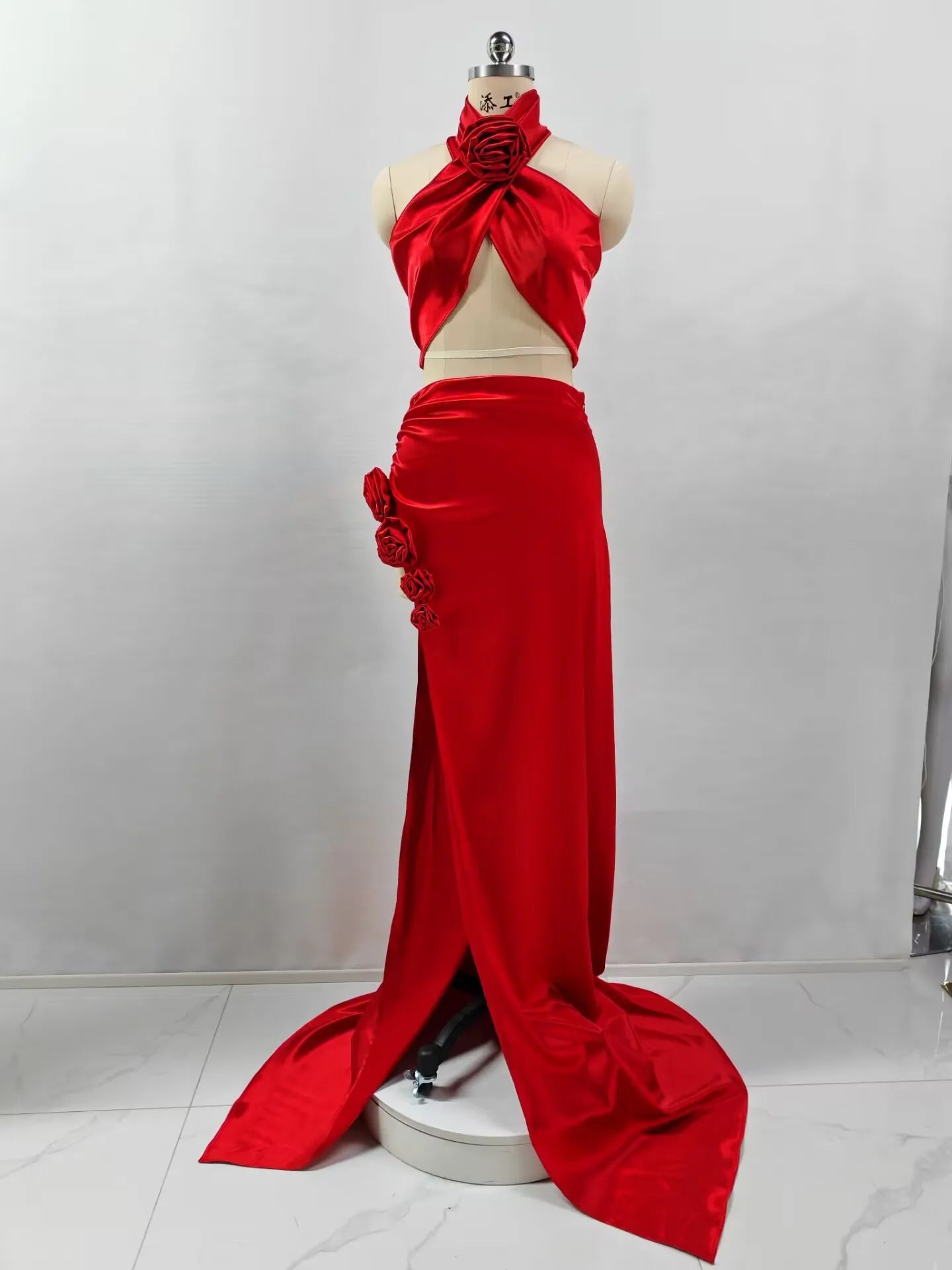 Red Black Christmas Style Women Sexy Florals 2 Pieces High Split Floor-length Dress Nightclub Party Cocktail Celebrate Wear Red