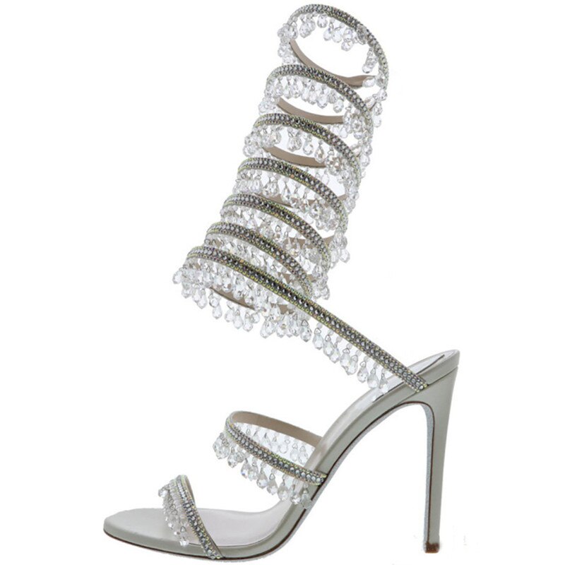 Women's New Rhinestone Sandals Fashion Tassel Crystal Shoes Sexy Nightclub Banquet Party Twining Stiletto Women's Sandals