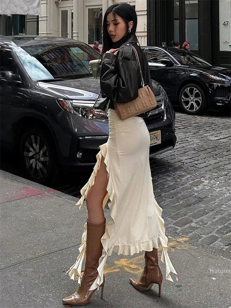 Tossy Tassel Summer Female Long Skirt Ruffled High Waist Broken High Split Fashion Pleated Sexy Solid Patchwork Maxi Skirt 2023 Beige