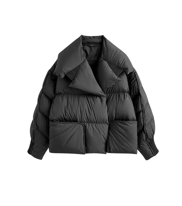 Luxury Design pockets zipper cropped down jacket for women Winter Warm Knit patchwork puffer coat Oversize INKEO DJ054 black