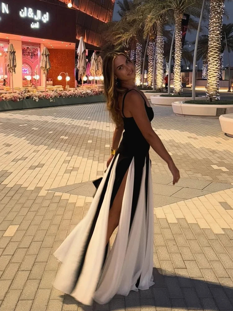 Fashion Contrasting U Neck Sling Maxi Dress Women Elegant Sleeveless Backless A-line Hem Robe Lady High Slit Summer Dresses 2025