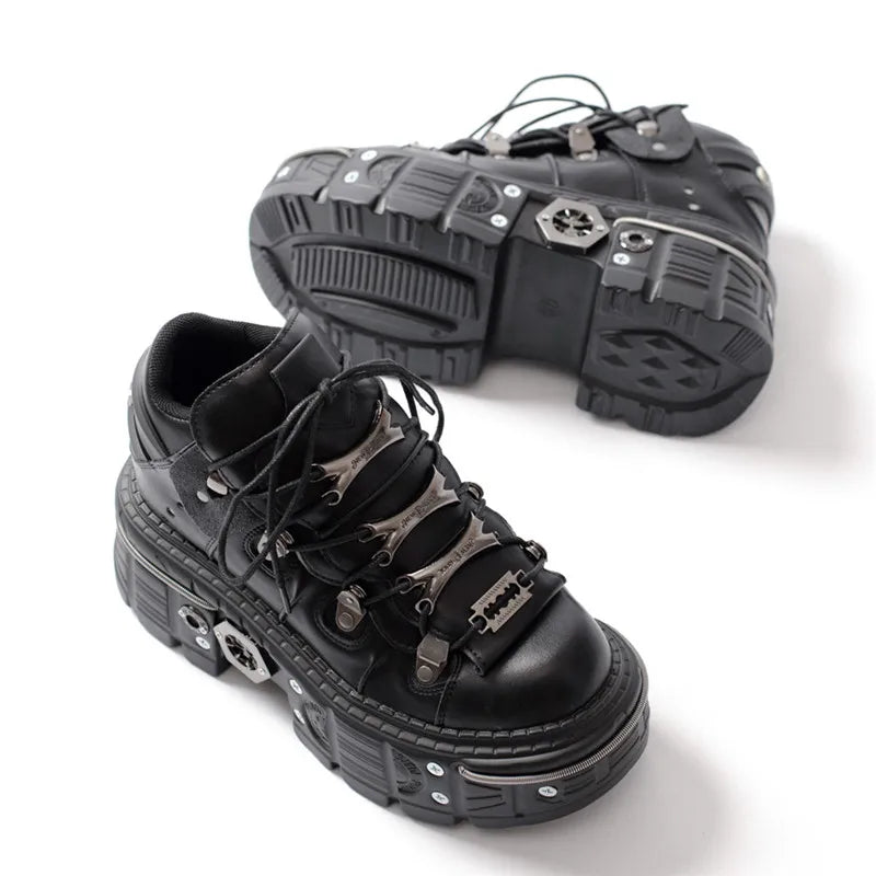 Fashion Women Punk Platform Shoes for Woman's Lace-Up Round Toe Metal Decoration Thin Heels Sneakers Gothic Party Nightclub Shoe
