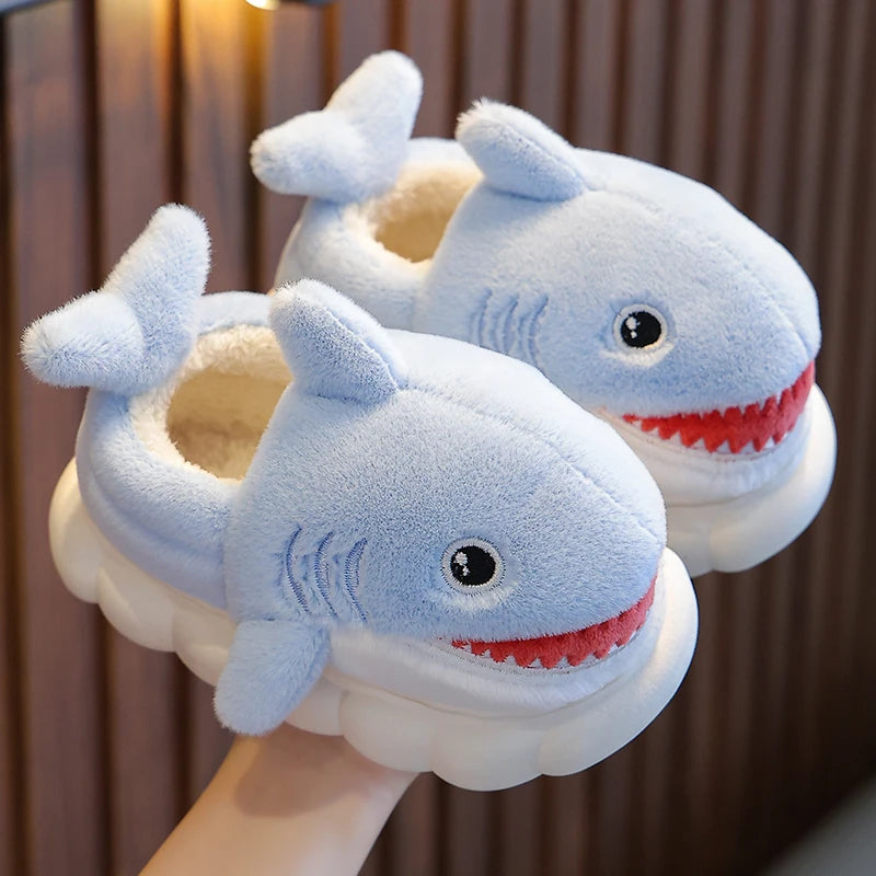 Winter Wrap Heels Cute Cartoon Shark Cotton Slippers Children's Non-slip Soft For Kids Girls Boys Baby Warm Plush Home Shoes SKY BLUE