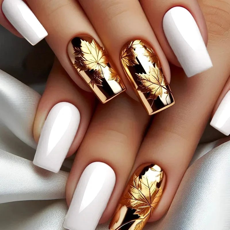 24Pc Retro Gold False Nails Mid-length Square Ballet Acrylic Press on Nails with Maple Leaves Designs Fake Nails with Jelly Glue 12