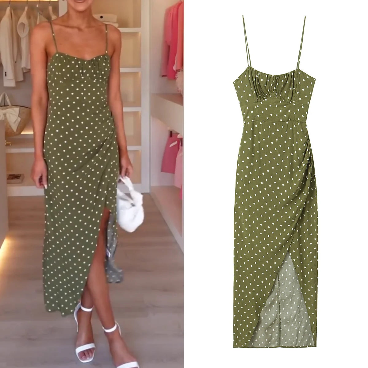 Polka Dot Green Suspender Skirt Women's Backless Long Skirt Vacation Dress Bandage Sexy Dress Beach Skirt Party Dress 2024