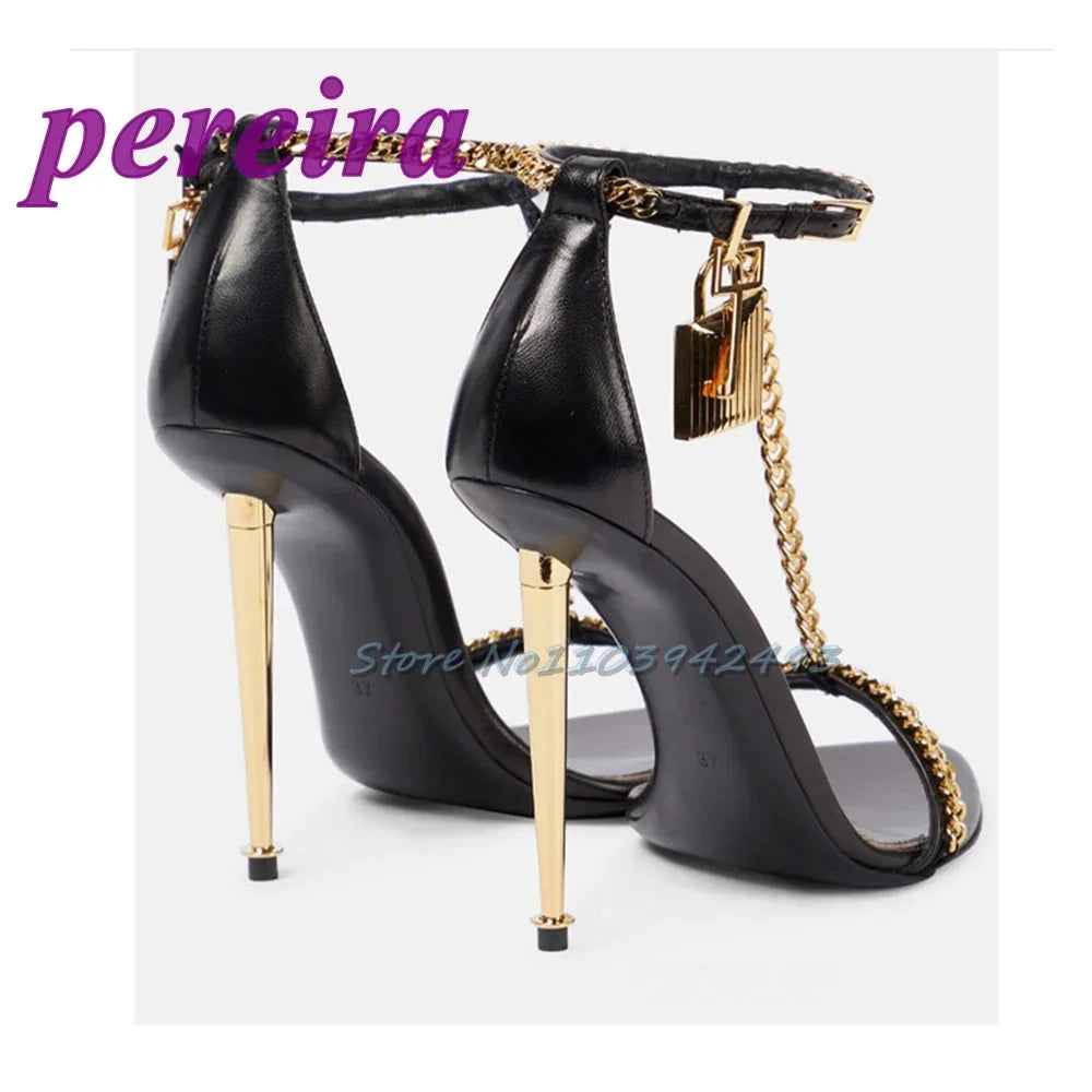 Metal Decor Heeld Sandals Pointed Toe Gold Heels Chain Ankle Buckle Strap Women luxury Designer Shoes Summer Handmade Tacones