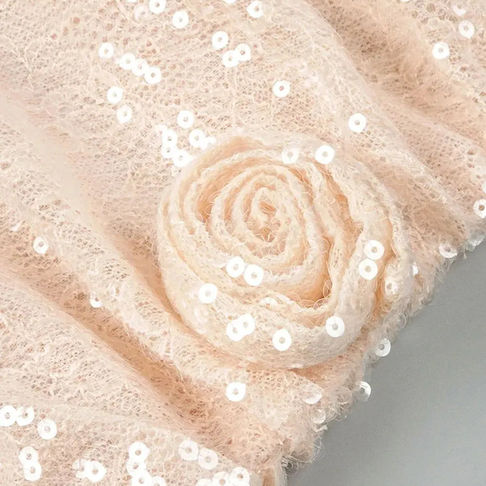 2025 Sexy Women's 3D Flower Shining Glitter Maxi Dress with Diagonal Collar Long Sleeve Bodycon Long Dress Evening Club Vestidos