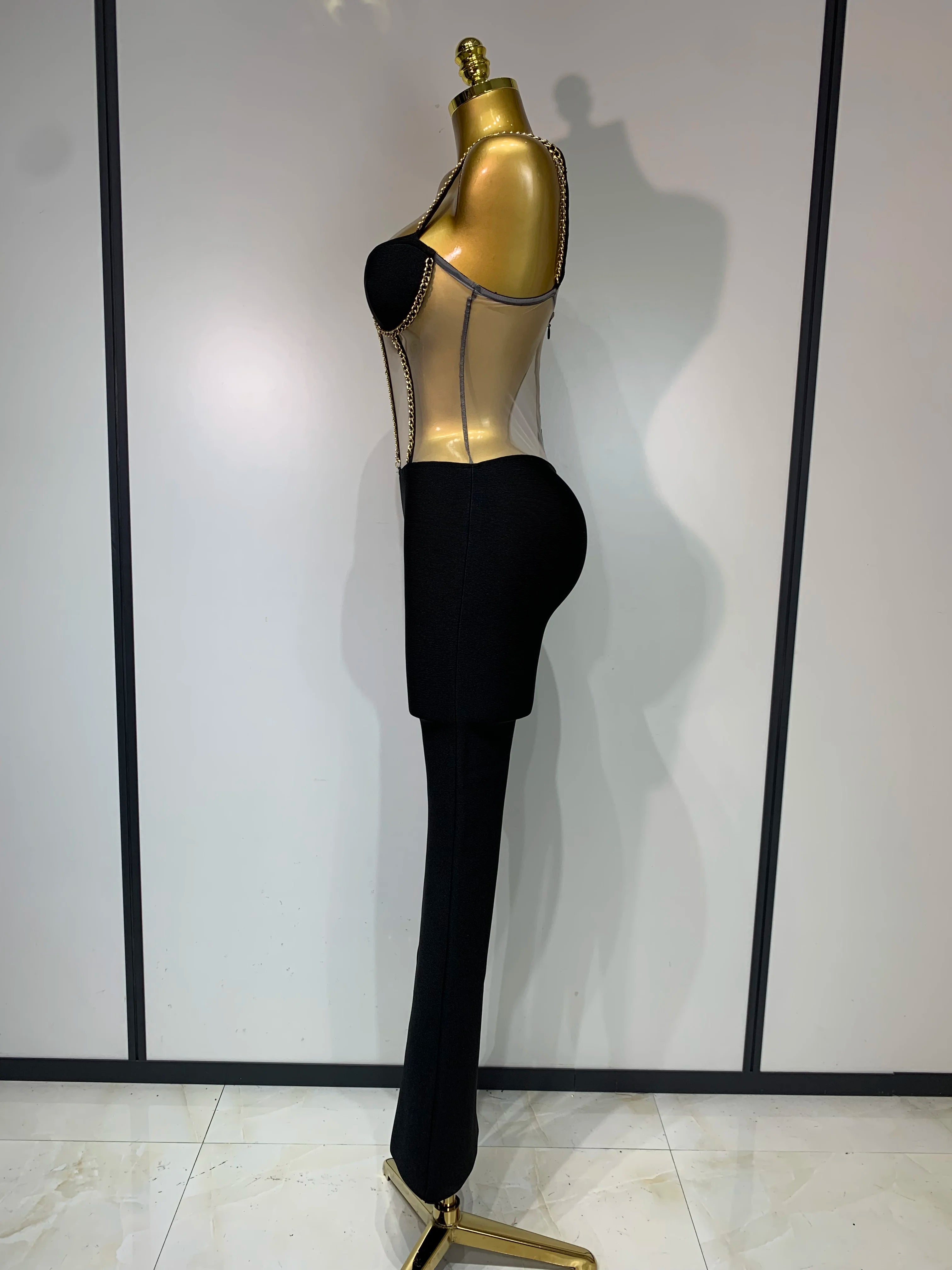 Women Luxury Sexy Sleeveless Mesh Chain Black Bodycon Bandage Jumpsuit 2025 Fashion Party Celebrity Designer High Street Rompers
