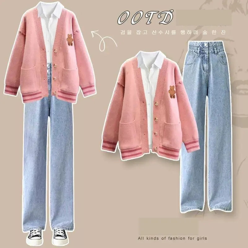 Women's Autumn Winter Loose Sweater Coat+Shirt+Jeans Three Piece 2024 New Matching Set Korean Elegant Cardigan Denim Pants Suit Set 04