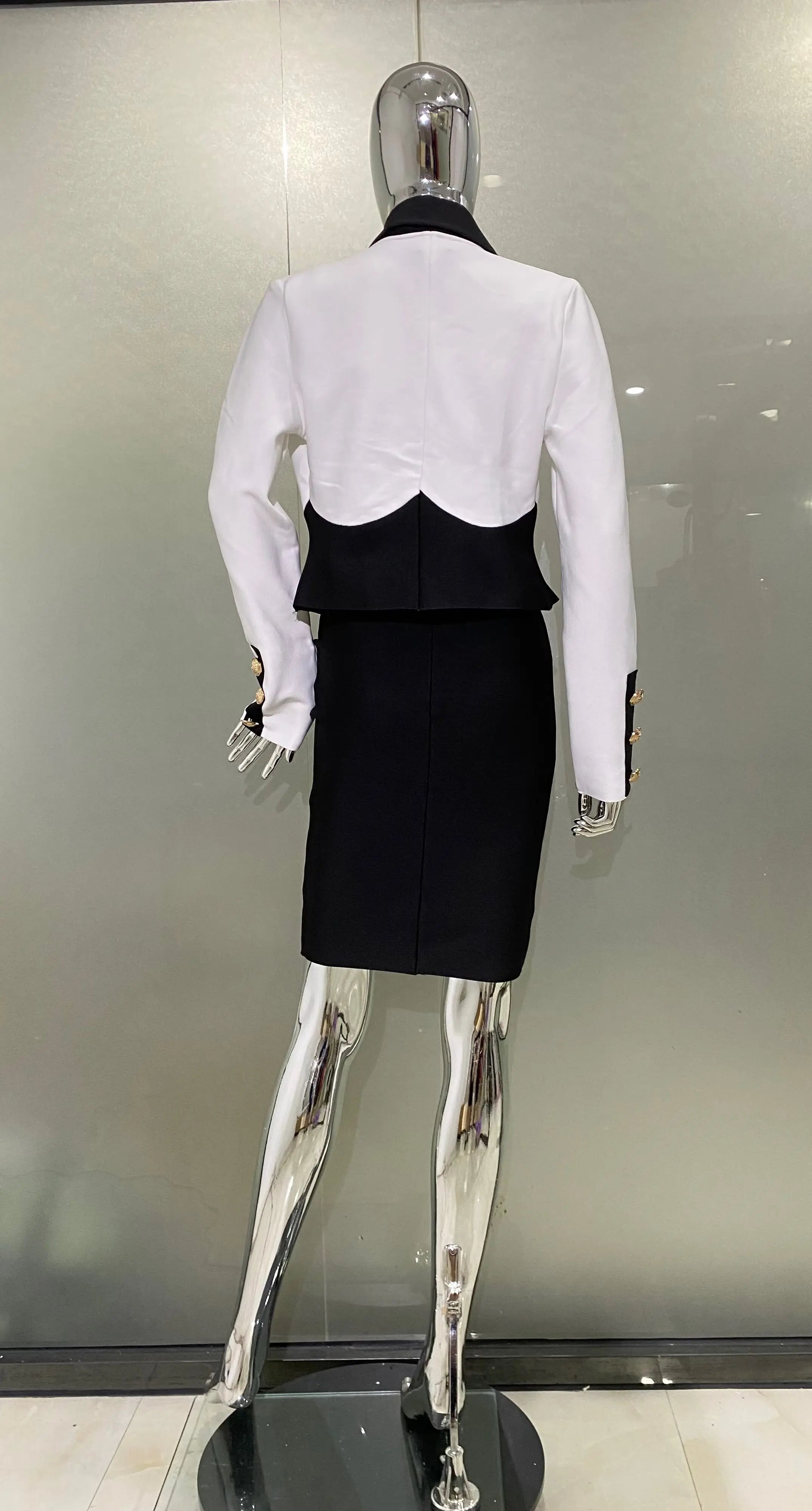 New Arrivals Fashionable Women's Bandage Set Golden Buttons White Patchwork Black Coat And Sleeveless Bodycon MIini Dress