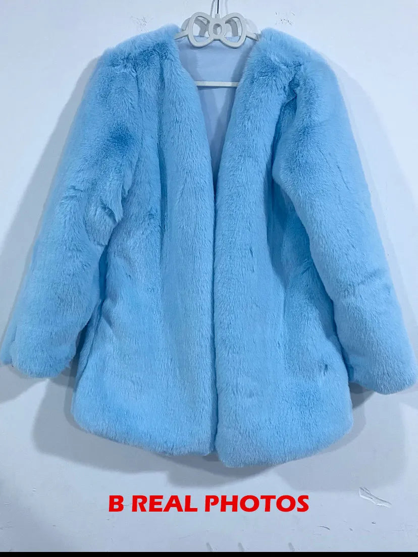 Super Hot Women's winter coats Elegant Blue Faux Fur Coats Female clothing Long Sleeve Thick Warm Outerwears Lady Oversize