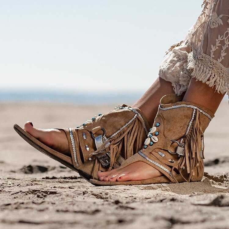 Rétro femmes frange fleur chaussures à semelles compensées solide troupeau plage sandales décontractées femmes été tongs sandales