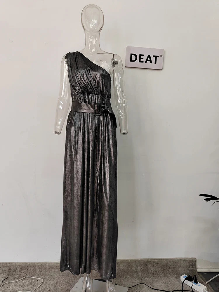 DEAT Fashion Women's Dress New Solid Diagonal Collar Sleeveless One Shoulder High Waist Split Dresses Female Summer 17A2407 Ice Silver 1