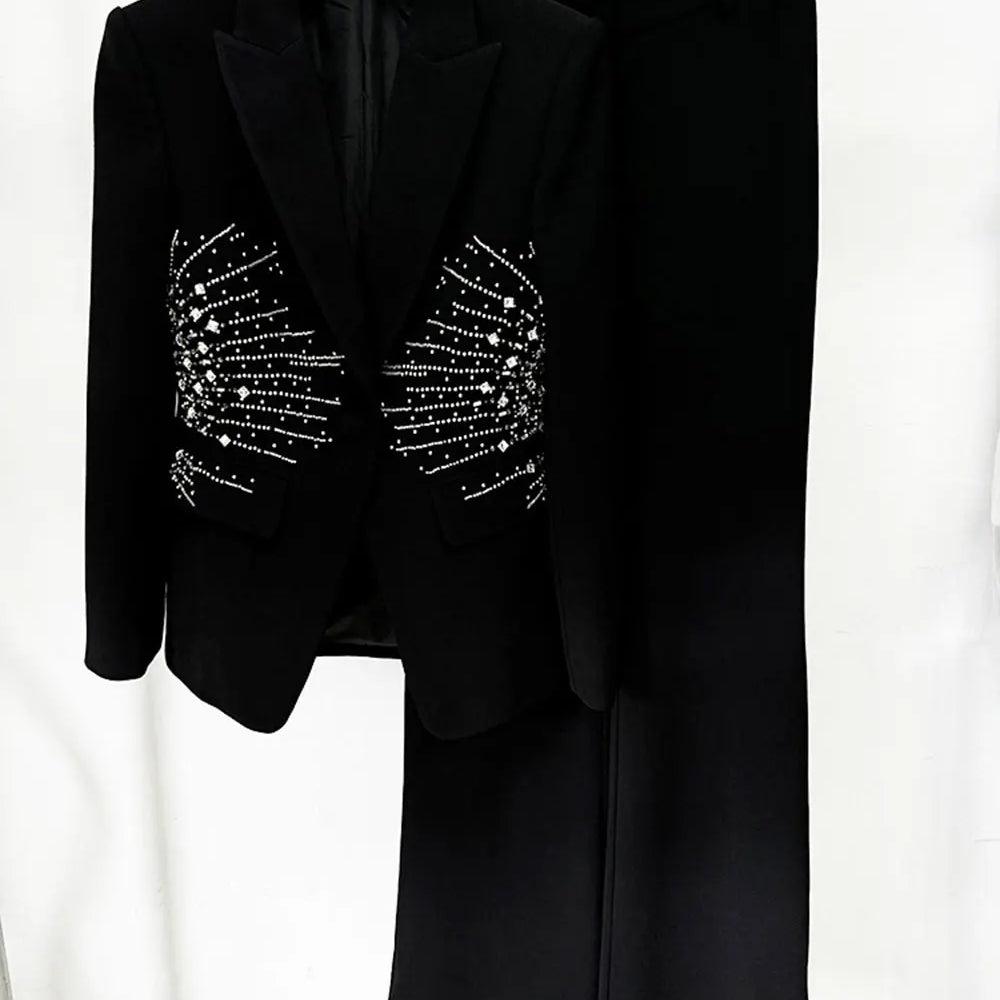2024 Elegant Women's Light Luxury Diamond Design Suit Pants Set with Collar Long Sleeve Slim Fit Suit Coat+Two Piece Pants Set black