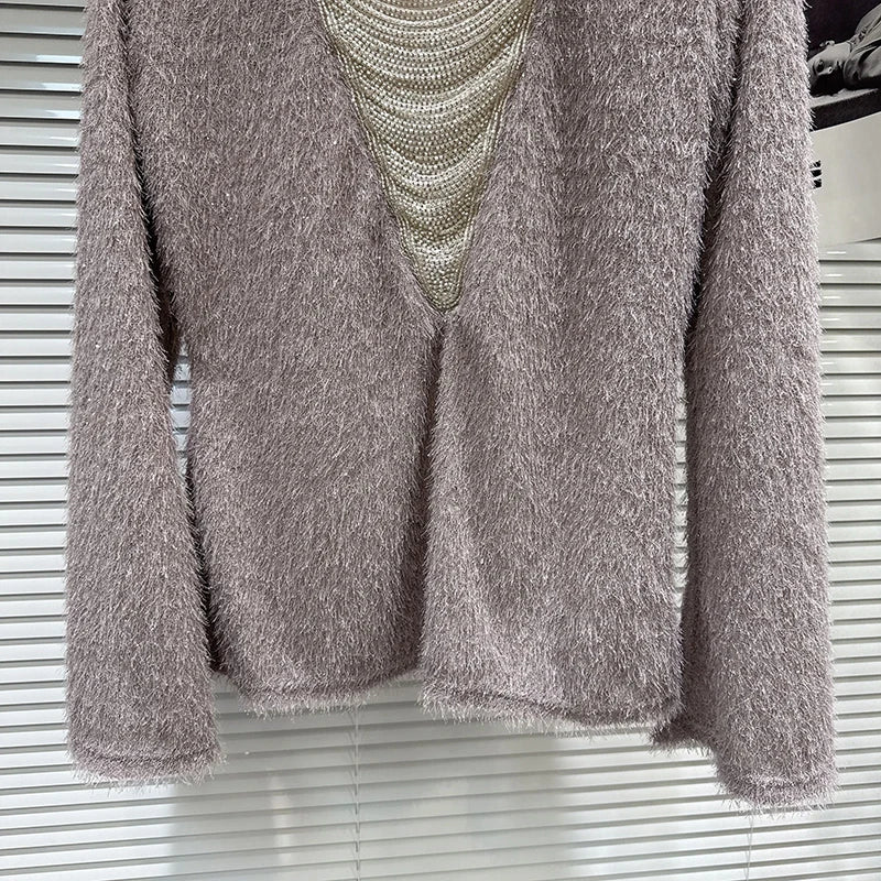 Winter New Fashion V-neck Beaded Tassel Chain Design Fluffy T-shirt For Women Loose Versatile Pullover Female 11A07943